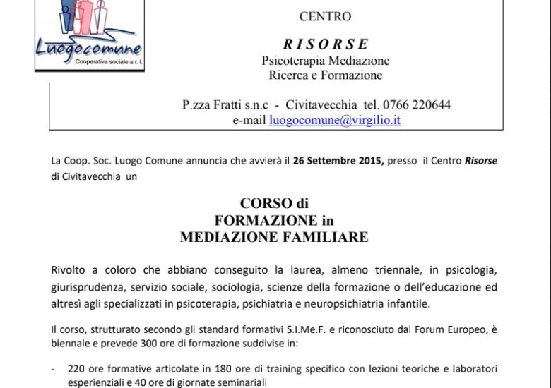 CORSO di FORMAZIONE in MEDIAZIONE FAMILIARE